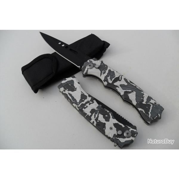 Grand Couteau Automatique Camouflage Lame Acier 10,5 Cm Manche Acier 13,5 Cm Chasse Pche Bivouac