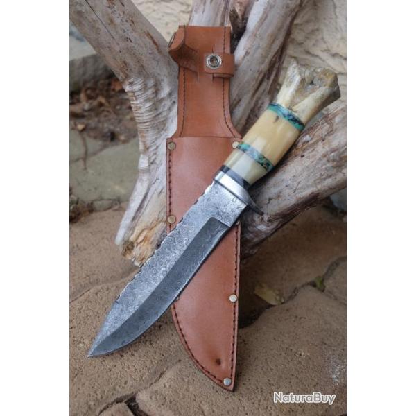 Grand Couteau De Trappeur Chasse Bowie Lame Acier Damas 256 Couches Manche Os Etui Fabr Artisanale