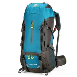 Sac à Dos de Camping Etanche de Grande Capacité Voyage Randonnée Plein Air Trekking 70L Bleu