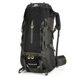 Sac à Dos de Camping Etanche de Grande Capacité Voyage Randonnée Plein Air Trekking 70L Noir