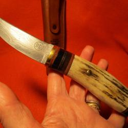 COUTEAU ARTISANAL forgé DROP POINT ATELIER DE L'OURS NOIR chasse camping rando bois de cerf DAMAS