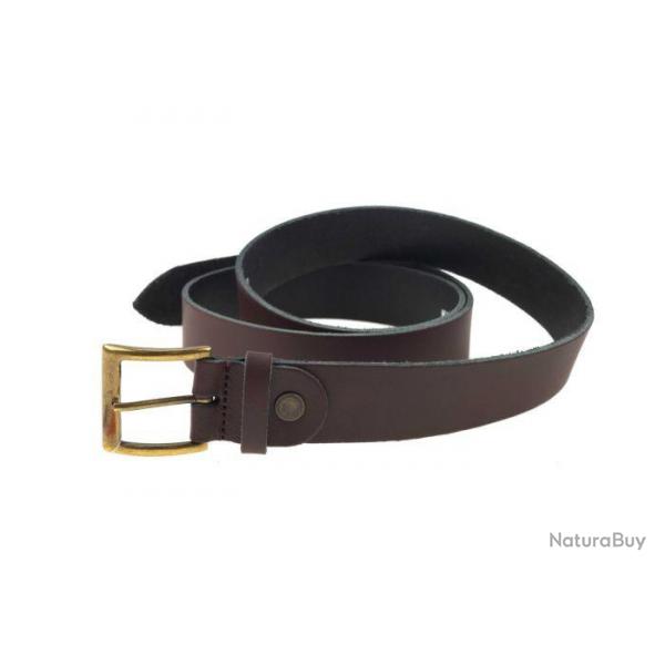 Ceinture cuir marron januel, boucle bronze, 120x3,5cm, 7 trous, réglable en long