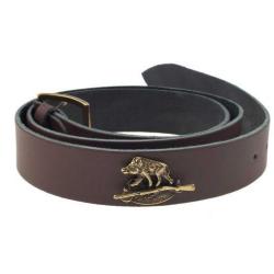 Ceinture cuir marron januel, boucle bronze, 120x3,5cm, logo sanglier, 7 trous, r