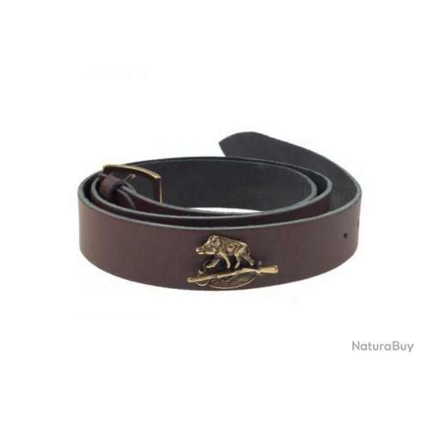 Ceinture cuir marron januel, boucle bronze, 120x3,5cm, logo sanglier, 7 trous, r