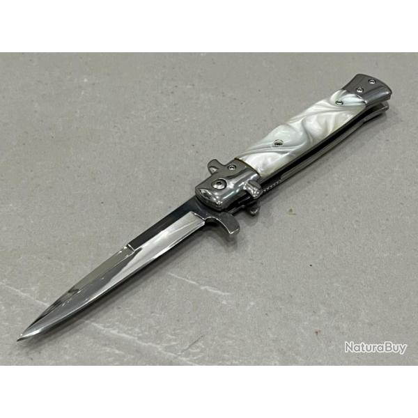 Stiletto Couteau ouverture assiste Mafia Milano Lame Acier 440 Manche Abs ivoirine Etui enchre