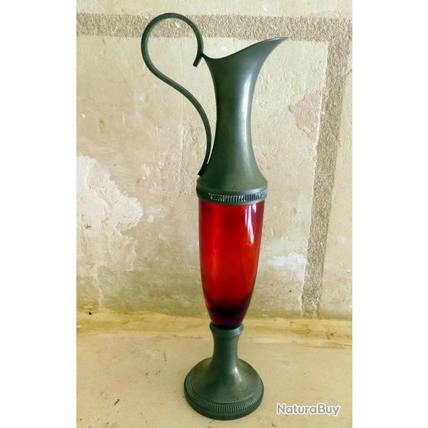 Pichet vase soliflore tain et verre rouge