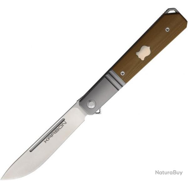 KARB113 Couteau Karbon Flatline Tan Manche G10/Titane Lame Acier 154CM IKBS Framelock Clip