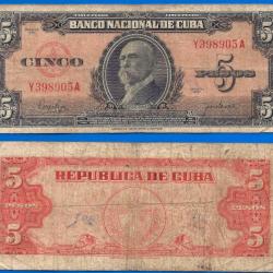 Cuba 5 Pesos 1950 Maximo Gomez Billet Peso Serie Y