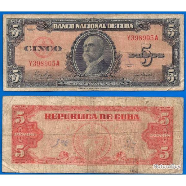 Cuba 5 Pesos 1950 Maximo Gomez Billet Peso Serie Y