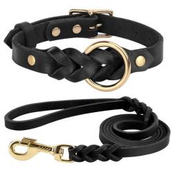 Collier + laisse pour chien en cuir noire - LIVRAISON GRATUITE