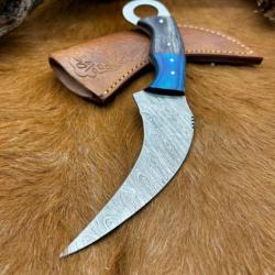 Couteau Karambit Lame Acier DAMAS 256couches manche en bois d'Olivier FabricationArtisanal Réf K29