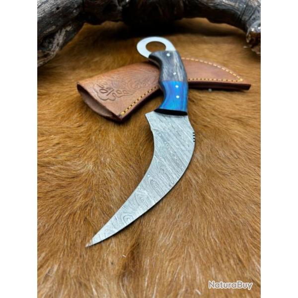 Couteau Karambit Lame Acier DAMAS 256couches manche en bois d'Olivier FabricationArtisanal Rf K29