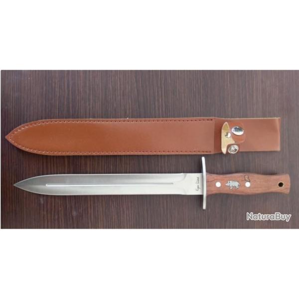 Dague de chasse lame 28cm en acier manche en bois de rose avec sanglier incrust 40.5cm avec tui DM