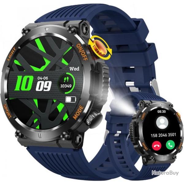 Montre Intelligente Militaire Multifonctionnelle avec 110 Modes Sportifs Suivi Sant Appels Bleu