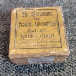 Rarissime boîte vide d'origine en carton 25 cartouches 5mm pistolet automatique système Clément