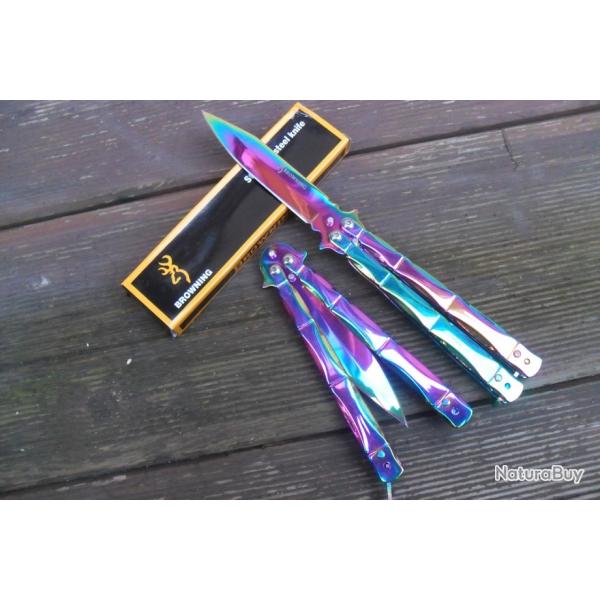 Couteau Papillon Balisong Style Titane 22 Cm Plaques Lame Acier Sport Combat Tactique