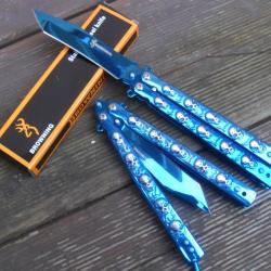 Massif Couteau Papillon Balisong Acier Bleu Poli Chrome 22 Cm Lame Tanto Manche Tetes de Mort