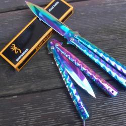 Couteau Papillon Balisong Style Titane 22 Cm Stries Lame Acier Sport Combat Tactique