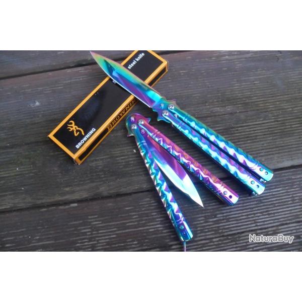 Couteau Papillon Balisong Style Titane 22 Cm Stries Lame Acier Sport Combat Tactique