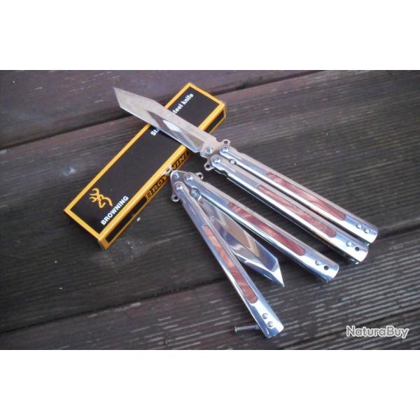 Couteau Papillon Balisong Poli Chrome 22 Cm Lame Tanto Sport Combat