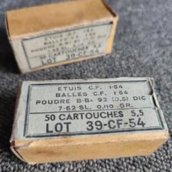 Lot de 2 boîtes vides en carton calibre 5.5 armée française 1954