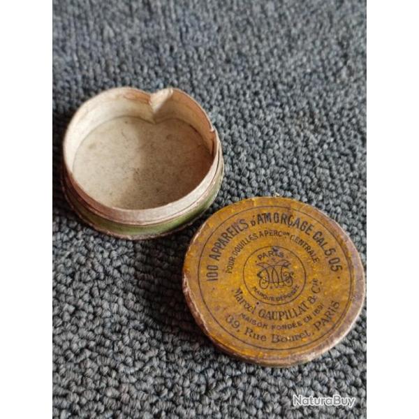 Rare bote ronde vide en carton d'poque et d'origine 100 amorces calibre5,05 Marcel Gaupillat & Cie