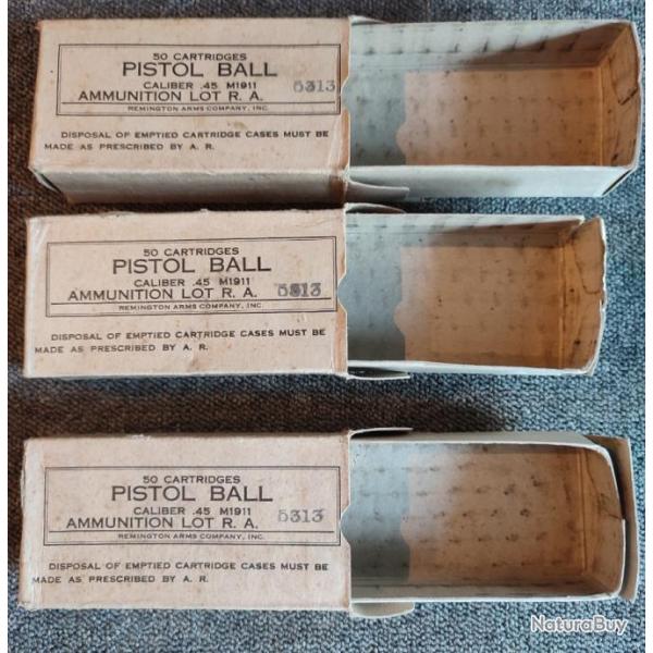 Bote carton vide d'poque WW2 50 cartouches .45 pour pistolet M1911 Remington Armes Compagny INC