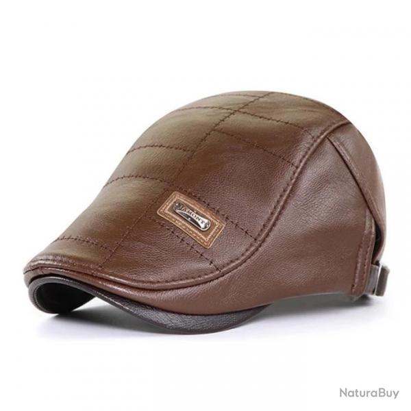 Chapeau Bret Cuir PU Rtro Homme Casquette Plate Rglable Automne/Hiver Marron