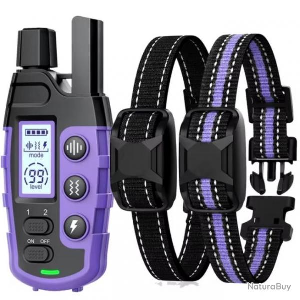 2 Colliers Anti-Aboiement de Dressage Rechargeables avec Tlcommande Porte 2600M 3 Modes Violet