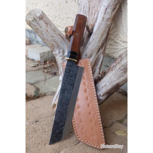 Couteau Tactical Urban Lame Tanto Acier Carbone 1075 Manche Bois Etui Cuir Fabr Artisanale