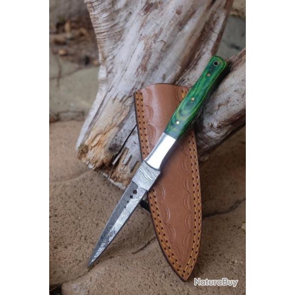 Couteau Dague Scottish Dirk L'Irlandais Lame Acier Damas 256 Couches Manche Bois Etui Cuir Artisanat