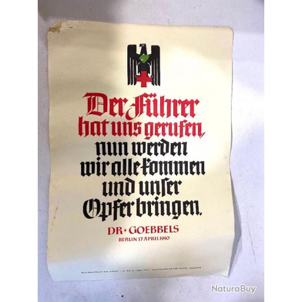 Ancienne Affiche propagande Allemande de de juin 1940 DRK croix rouge Allemande