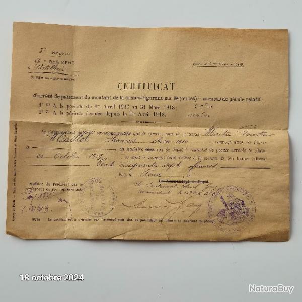 Certificat d'arrt de paiement de la somme sur les carnets de pcule relatif, 1918