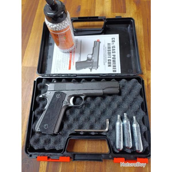 Rplique Airsoft 1911 Co2 Well Blowback full Metal+Mallette+ 3 Co2 Umarex+ Biberon 2000 billes Canik