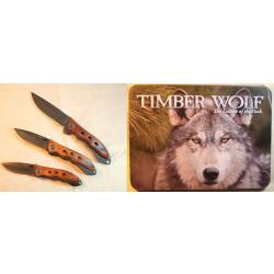 canifs et couteau dans une boite métallique ornée d'une tête de loup TIMBER WOLF ref EBR24CAN006