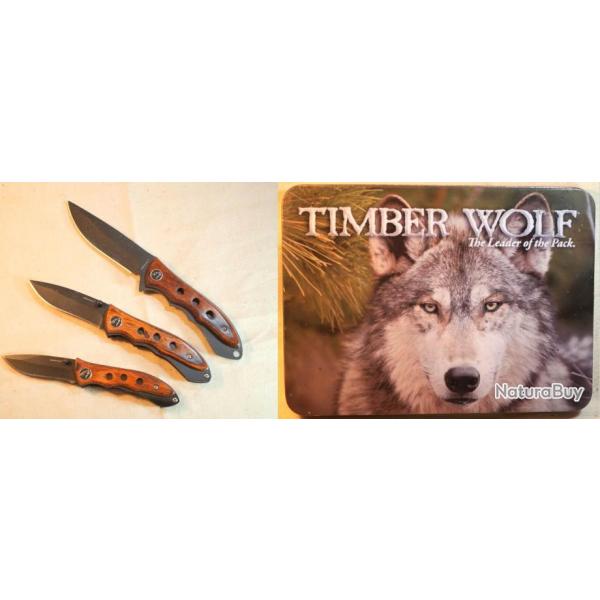 canifs et couteau dans une boite mtallique orne d'une tte de loup TIMBER WOLF ref EBR24CAN006