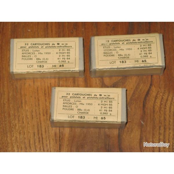 Lot de boites anciennes de 9 mm para, 32 cartouches, PM MAT 49 et PA 50.