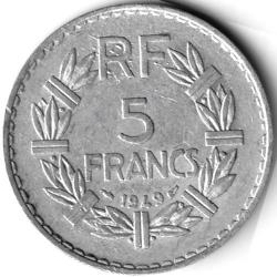 Pièce de Monnaie France 5 francs Lavrillier, aluminium 1949