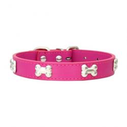 Collier pour chien en cuir rose foncé avec décoration