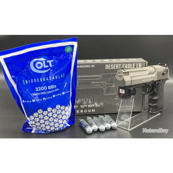 Pack laser Rplique Airsoft Desert Eagle 6mm - L6 - Cybergun + 5X Capsules CO2 + 3200 Billes