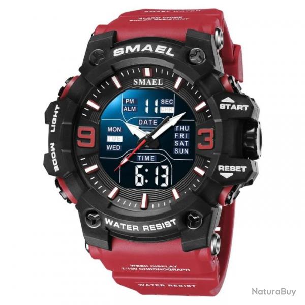 Montre Numrique de Sport pour Homme tanche 5 Bars Grand Cadran Alarme Chronomtre Rouge