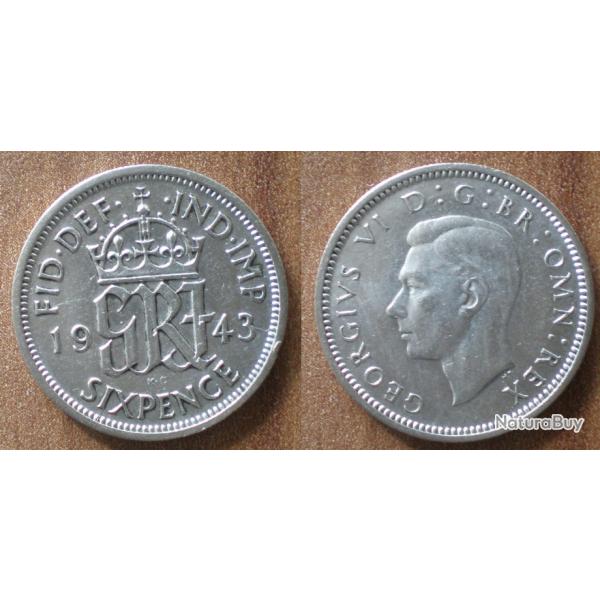 Grande Bretagne 6 Pence 1943 Piece Argent Roi George VI Pences