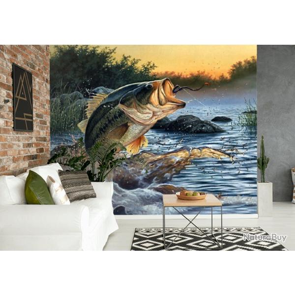 Decoration murale ( 240 x 240 cm) papier peint photo, nature, poissons prdateurs, rivire, pche