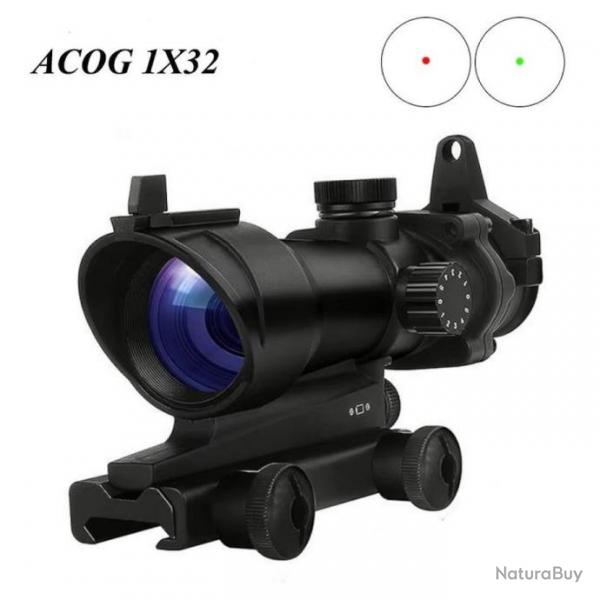 Viseur Point Rouge 1X32 ACOG Optique Rail 20mm Airsoft Lunette Chasse Rticule Rouge Vert