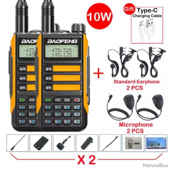 2X BAOFENG VHF UV-16 pro Max, Oreillettes,  Microphone, Talkie-walkie 10 Watts LONGUE PORTE -Orange