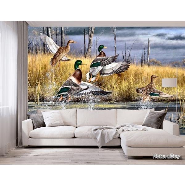 Decoration murale ( 290 x 240 cm) papier peint photo, nature, automne, lac, chasse, canards