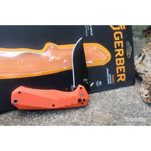 Couteau Gerber Haul Semi Automatique Lame Acier 5Cr13MoV Black Manche Orange Plunge Lock Clip