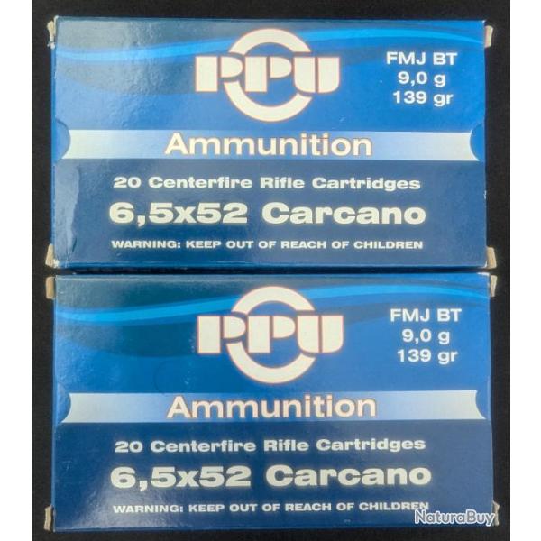 40 (2x20) cartouches 6.5 x 52 CARCANO - PPU - Ogives 139 grains FMJ BT - NEUVES