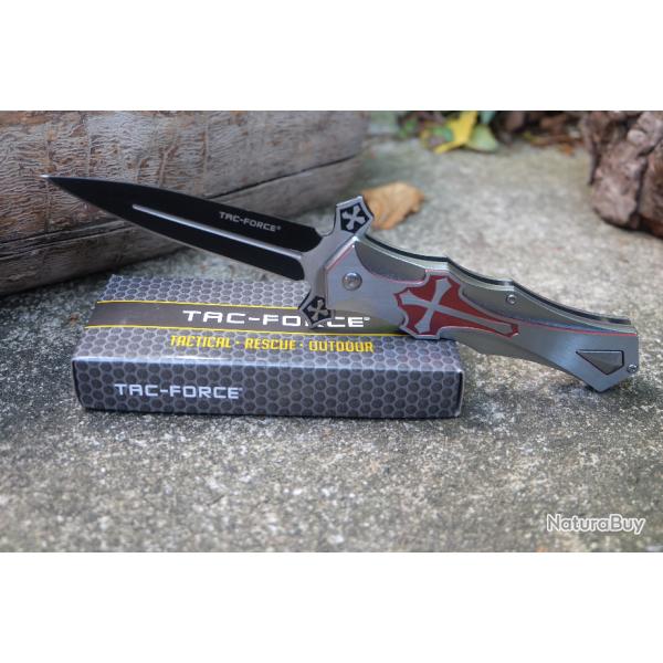 Couteau Tac Force Semi AUtomatique Gothique Celtic Cross Lame Acier 440 Manche Alu Gray/Red Scurit