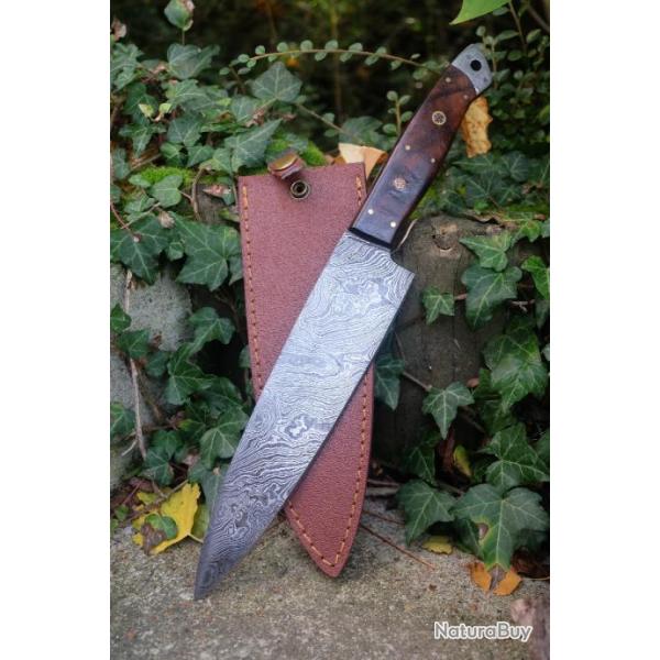 Gros Bowie Couteau de Chasse Damas Lame Acier 256 Couches Manche Bois Etui Nylon Fabric Artisanale